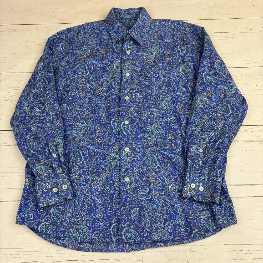Alan Flusser Paisley Shirt Mens M Blue Cotton Long Sleeve Button-Up Casual